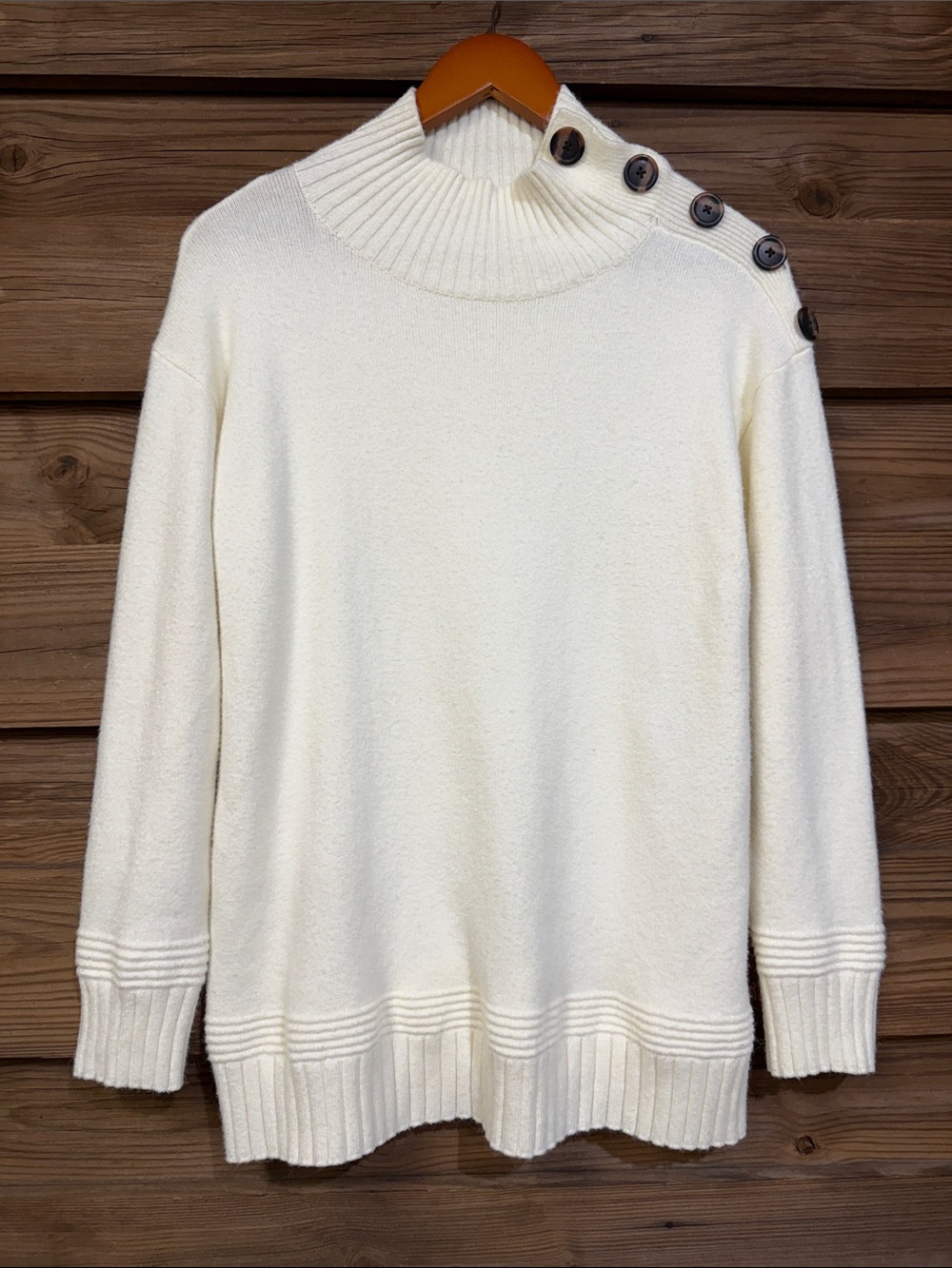Anthropologie Ivory Button-Shoulder Mock-neck Sweater - Picture 2 of 6